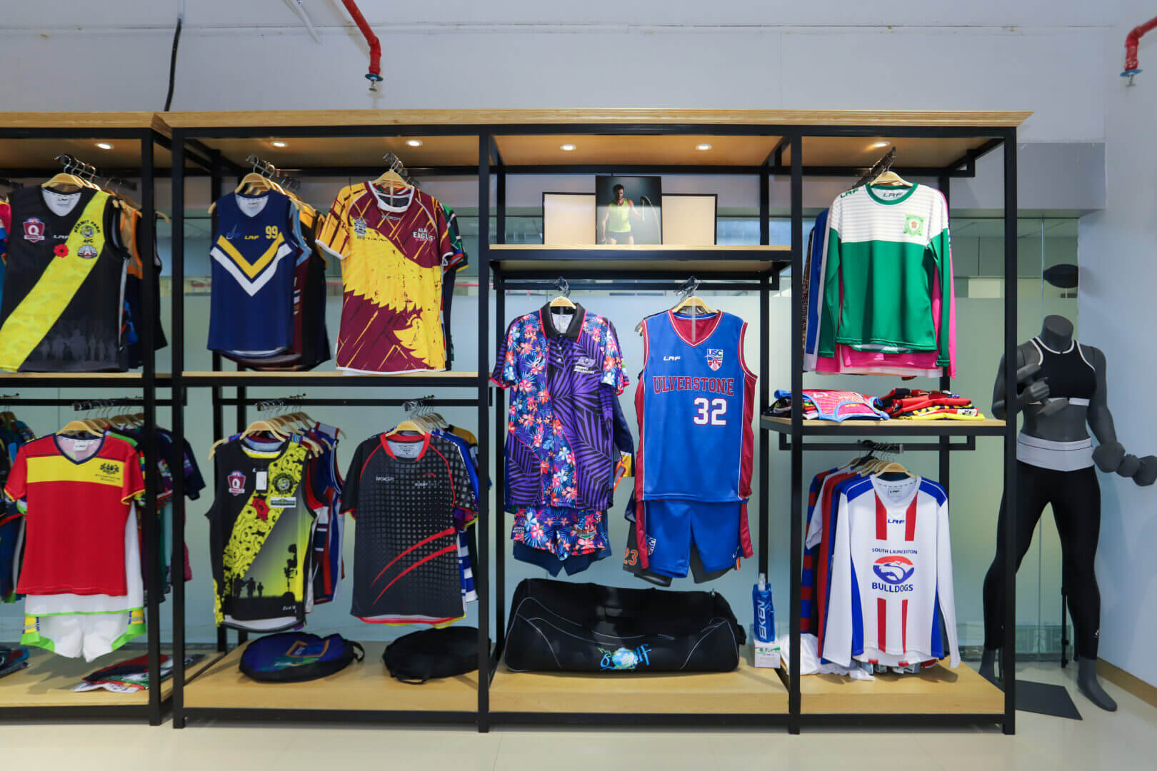 Sphere Sport showroom display of custom teamwear samples